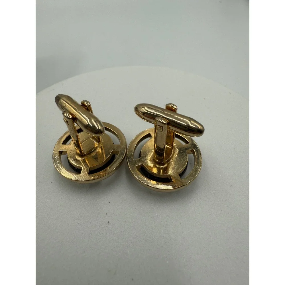Vintage Gold Tone Round Black Stone Cufflinks Geometric Formal Wedding Mens